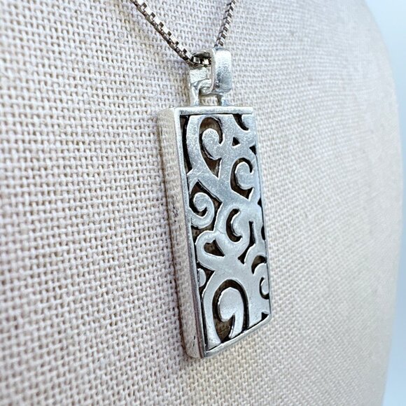 Sterling Silver 925 Scroll Design Rectangle Pendant Necklace Size 21.5" Length - Picture 2 of 14
